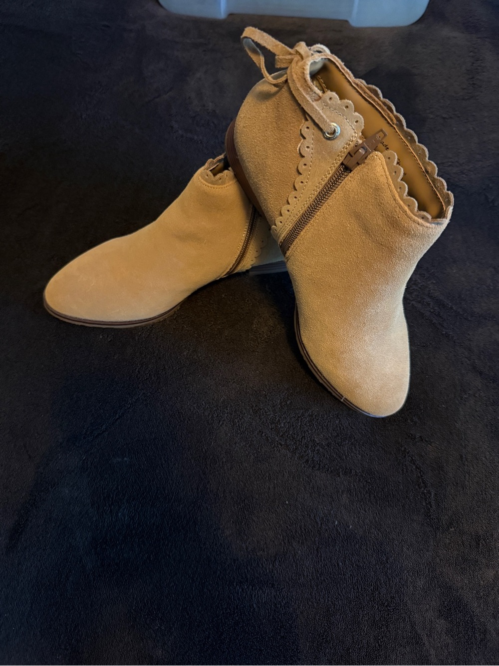 Women’s Tan Suede Ankle Boots with Scalloped Trim